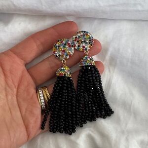 Baublebar black bead tassel earrings with rainbow gemstone studs, never worn